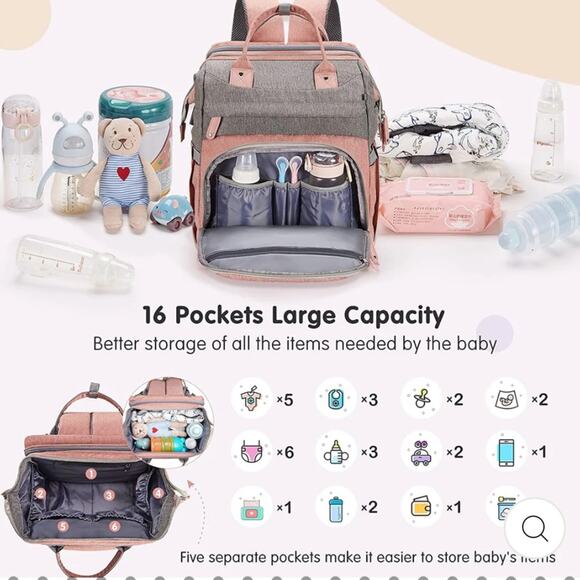MULTI Compartment diaper bag with changing pad, USB & foldable crib - Picture 14 of 15